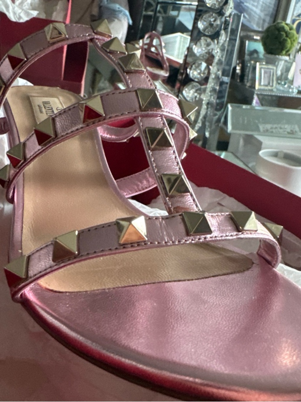 Valentino Garavani Metallic Pink Rockstud Strappy Sandals